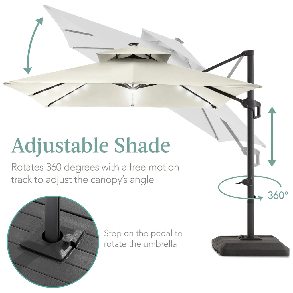 Best Choice Products 10x10ft 2-Tier Square Outdoor Solar LED Cantilever Patio Umbrella w/ Base Included - Tan