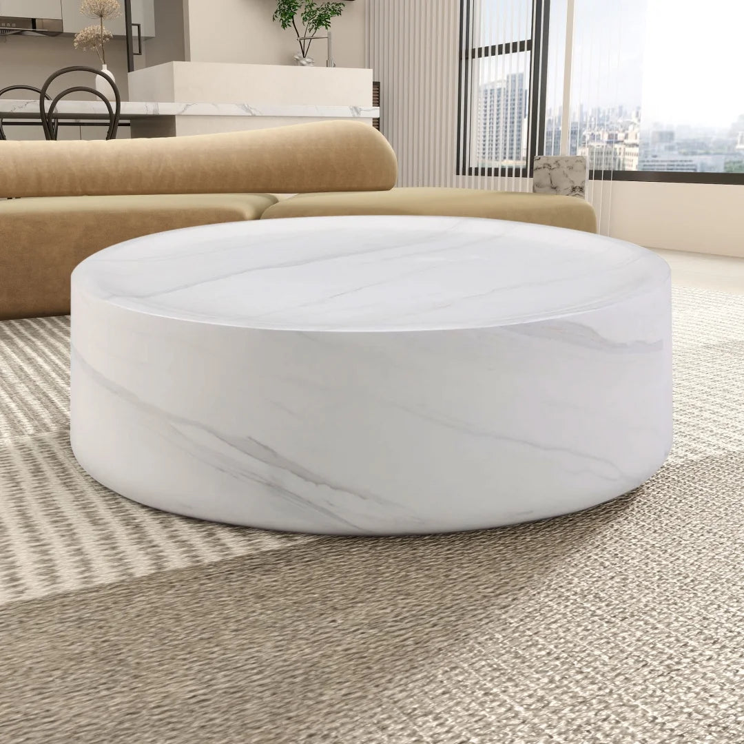 31.49'' Round Coffee Table with Marble Texture, Modern Low Drum Circle Fiberglass Coffee Table, Side Table Accent Table for Living Room, Outdoor, No Need Assembly, Marble