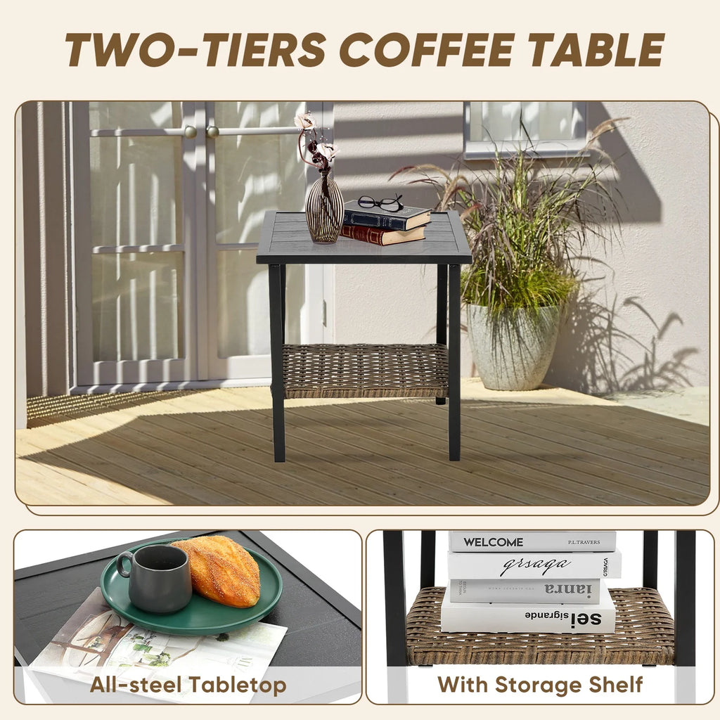 3 Pieces Patio Outdoor Conversation Set, Patio Furniture Bistro Set with 2-Tier Coffee Table, PE Wicker Rocking Chairs with Blue Cushions for for Backyard Porch Poolside