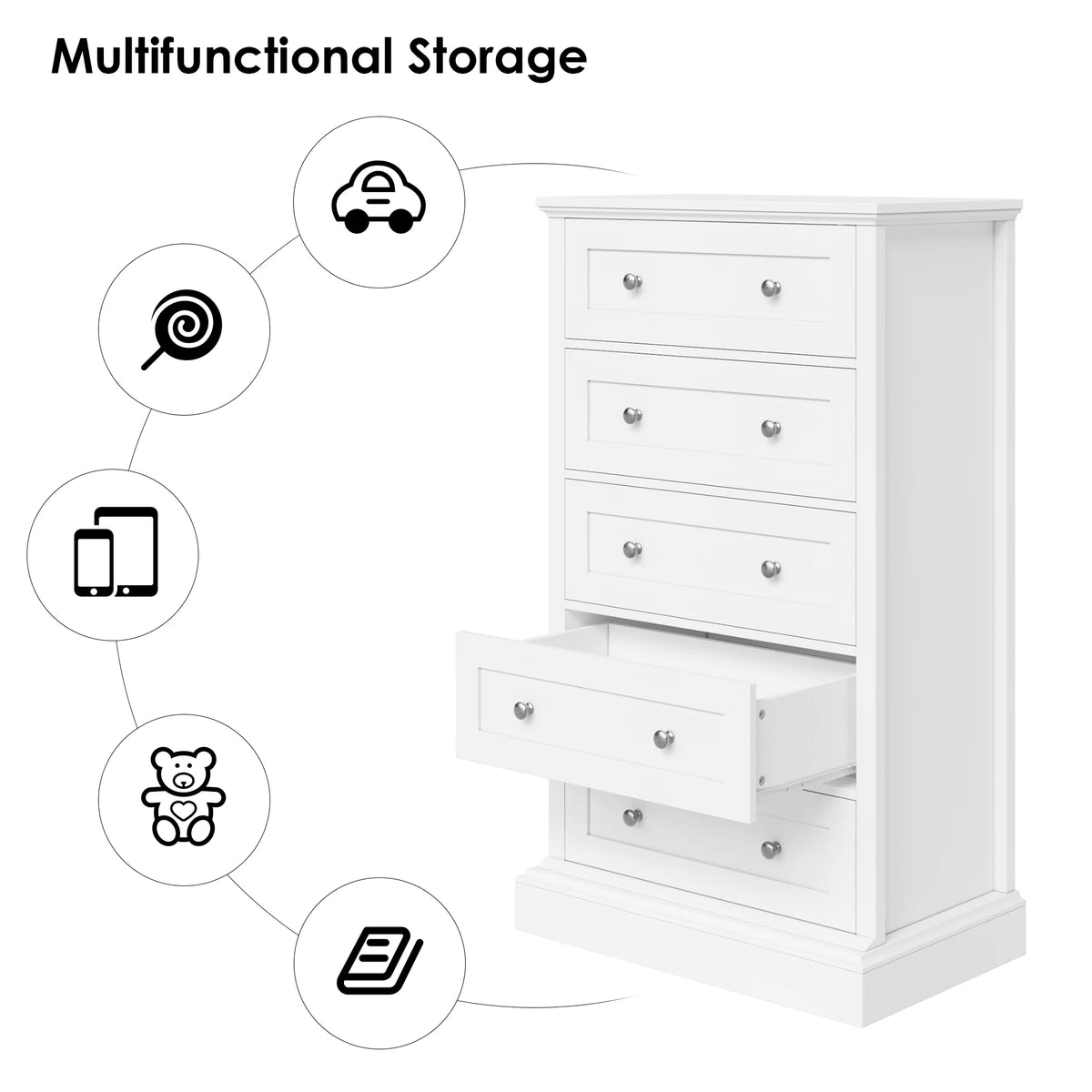 Homfa 5 Drawer Bedroom Dresser, Tall Wood Nightstand Storage Cabinet for Office Living Room,Gray
