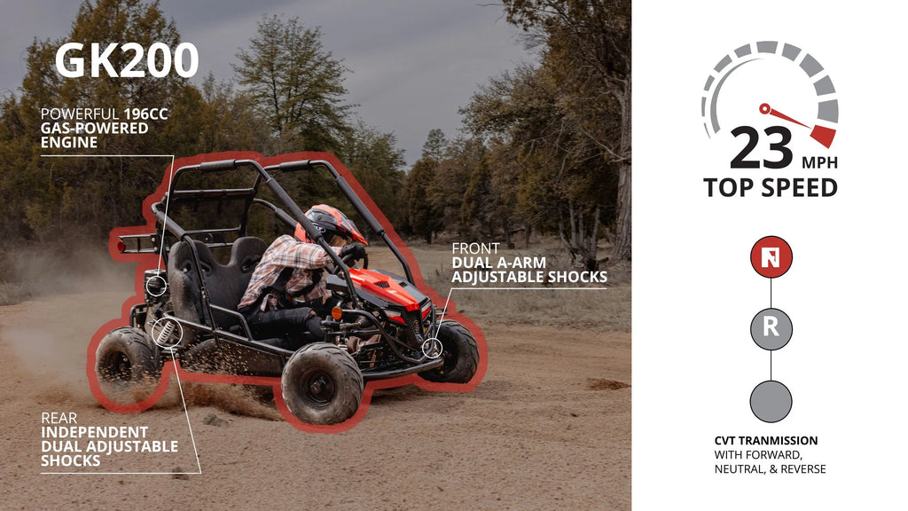 Coleman Powersports GK200 196cc Gas Powered Go-Kart, Two-Seater Off-Road Vehicle Up to 23 MPH, Rugged Suspension, Pull-Start Engine, Ages 13+, Red