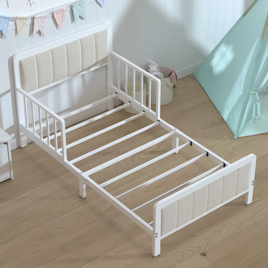 Yoneston Toddler Metal Platform Bed Frame with Guardrails, Children Crib Upholstered Bed Frame for Boys, Girls, Toddler �?White