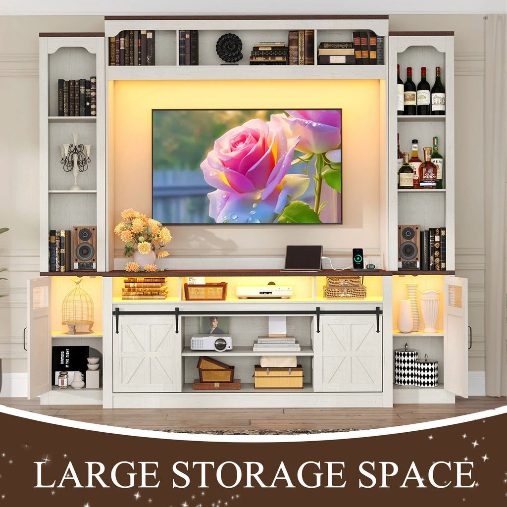 Farmhouse Wall Unit TV Stand with Storage for TVs up to 75", Large Entertainment Center with Bookshelves, LED Light & Power Outlet for Living Room