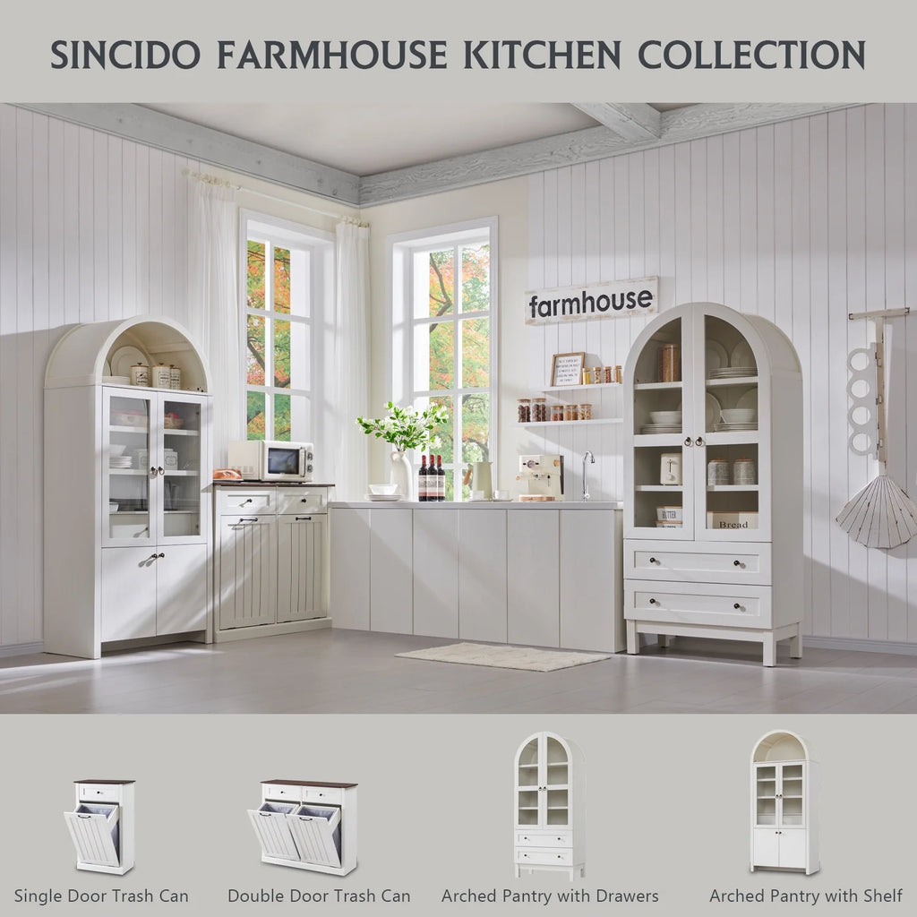 SinCiDo Arched Kitchen Pantry Storage Cabinet, 71-Inch Tall Wood Adjustable Shelves, 2 Doors, 2 Drawers