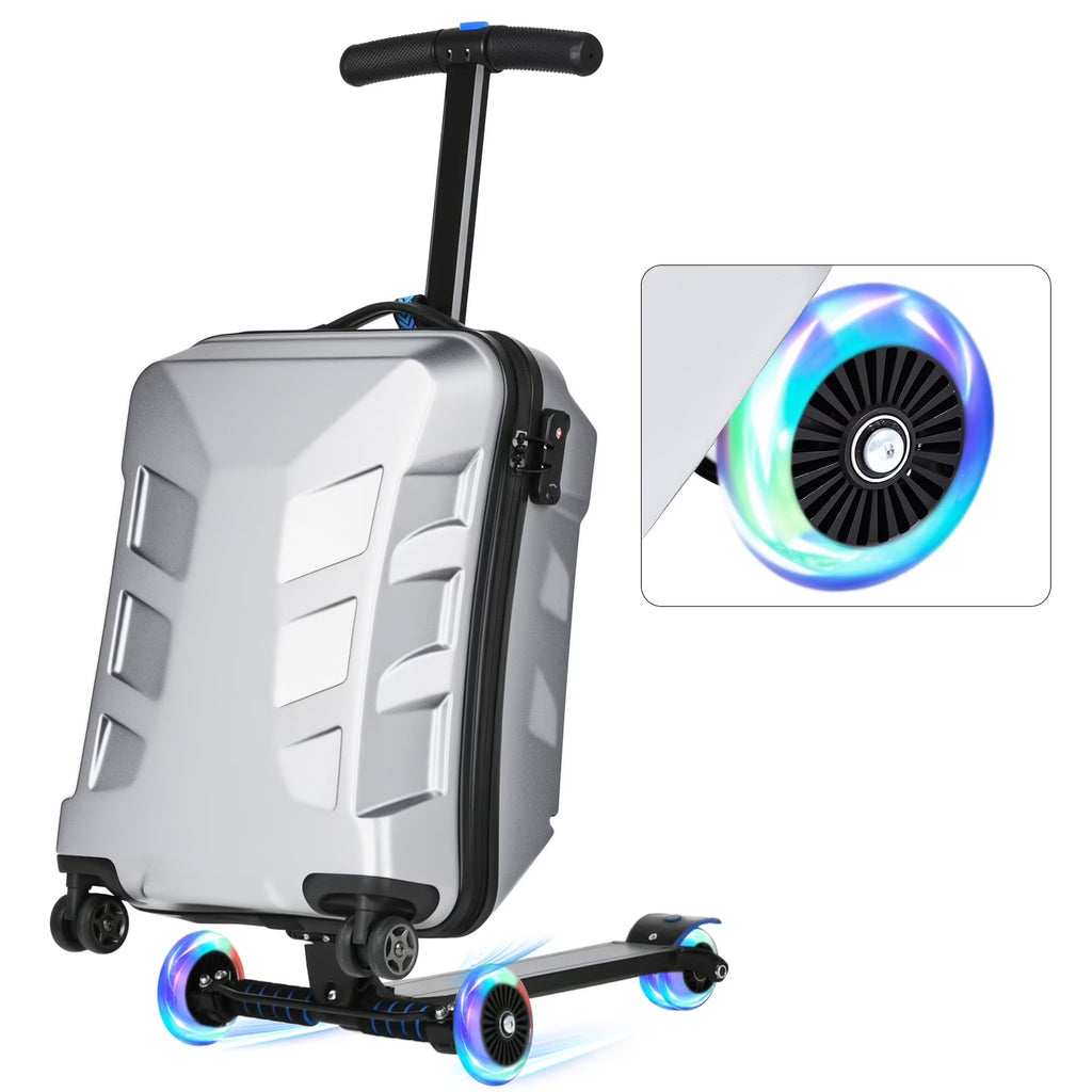 Advwin Scooter Suitcase for Kids & Adults, 3-D Hardshell Ride On Scooter Luggage with LED Light Up Wheels, TSA Lock, Lightweight Foldable Carry On Rideable Suitcase for Children Teenagers, Silver