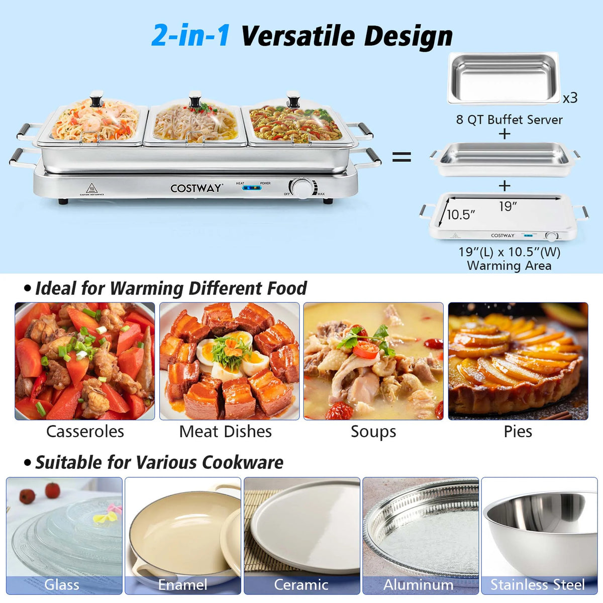Costway Food Warmer Buffet Server 450W Stainless Steel Electric Warming Tray for Parties