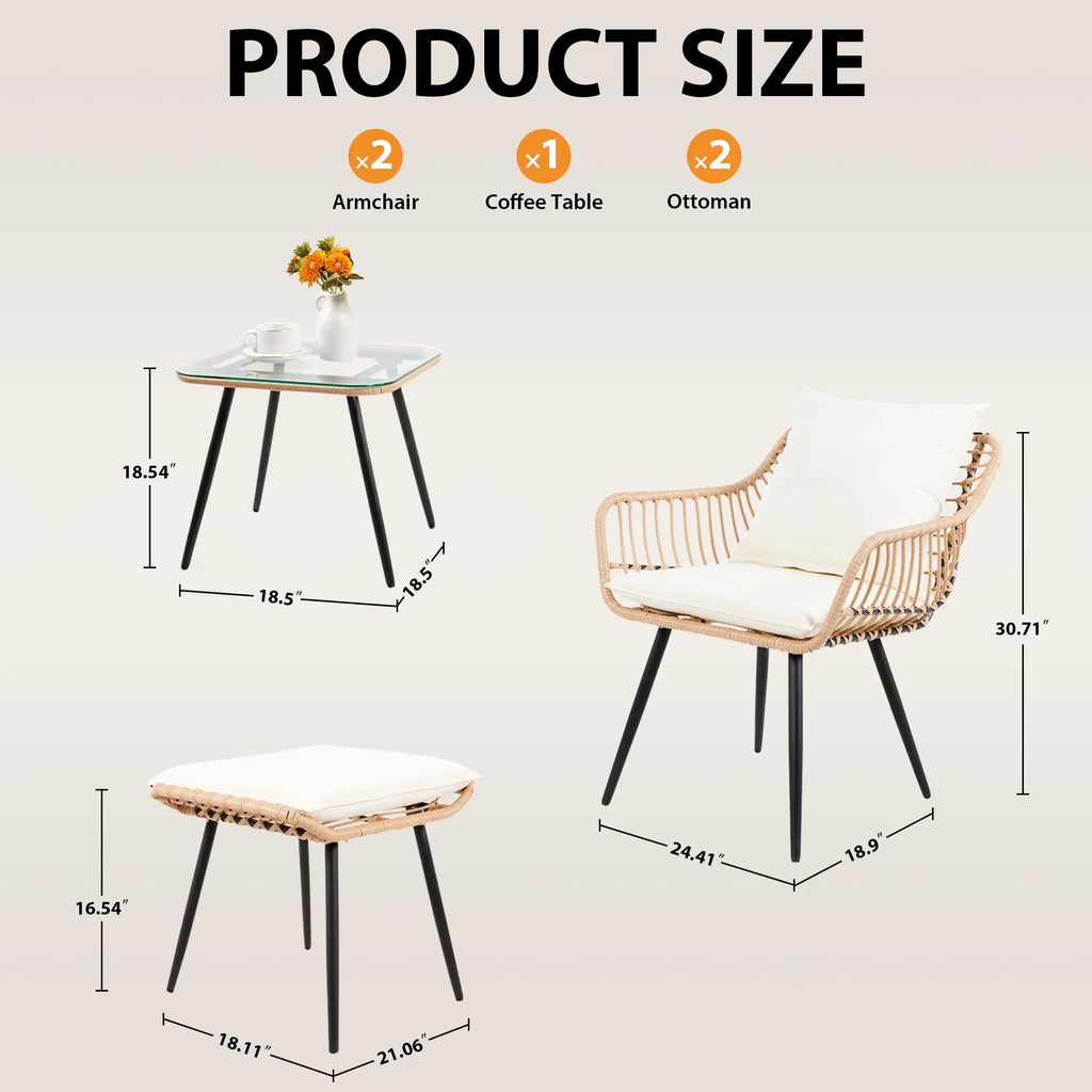 Ainfox 3-Piece Steel Outdoor Bistro Sets with Metal Chairs and Glass Top Table, Beige