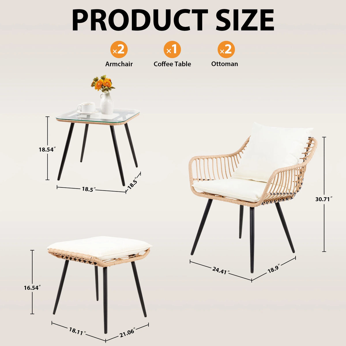 Ainfox 3-Piece Steel Outdoor Bistro Sets with Metal Chairs and Glass Top Table, Beige