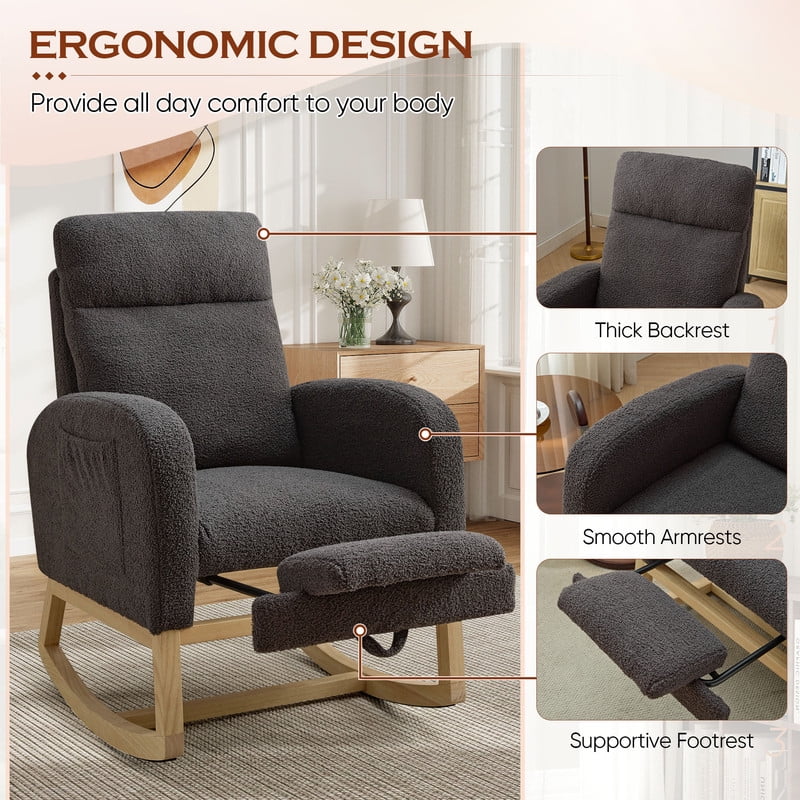 FFH Rocking Chair Nursery, Tufted Accent Rocker Chair, Upholstered Armchair with Adjustable Footrest, Side Pocket, High Backrest, Padded Seat, Polyester Blend (Retro, Dark Gray)