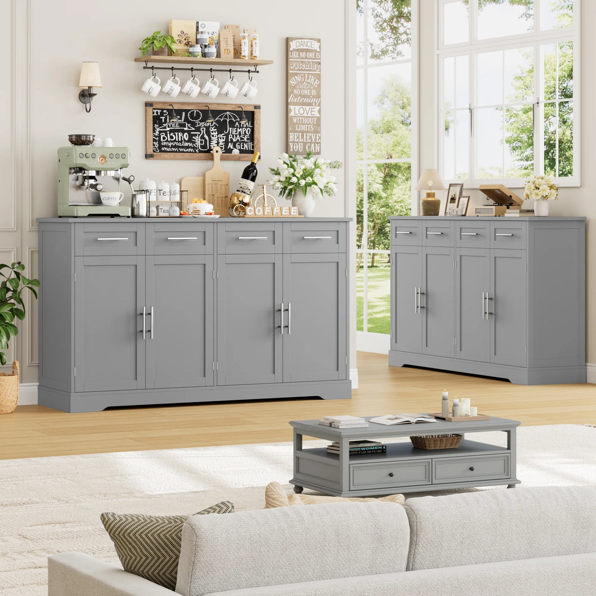 Homfa Farmhouse Buffet Cabinet with 4 Drawers and 4 Doors, 59" W Sideboard Buffet Storage Cabinet with Shelves, for Kitchen Living Room Bedroom, Wash Gray