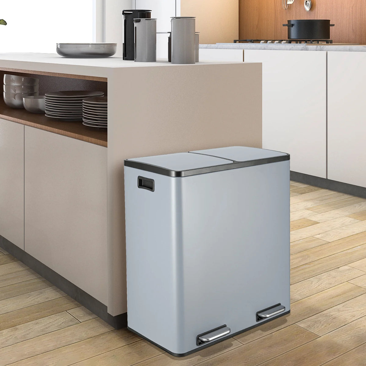 Arlopu 60 L/16 gal Dual Trash Can, Stainless Steel Garbage Can for Kitchen, Recycle Bin with Lid