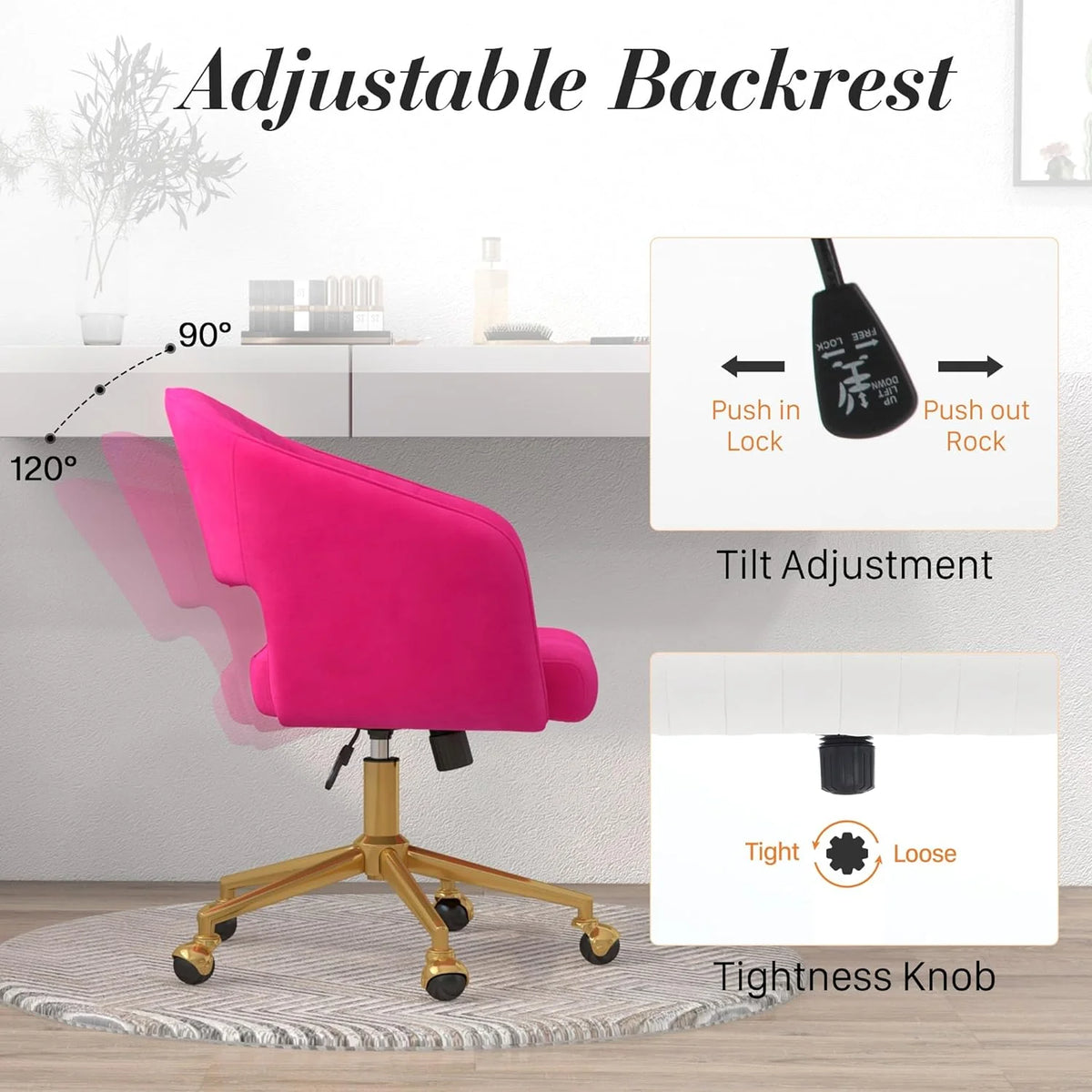 Home Office Swivel Desk Chair, Modern Velvet Vanity Chair, Height Adjustable Armchair with Gold Base, Ergonomic Office Chair for Task Study Computer Room, Beige