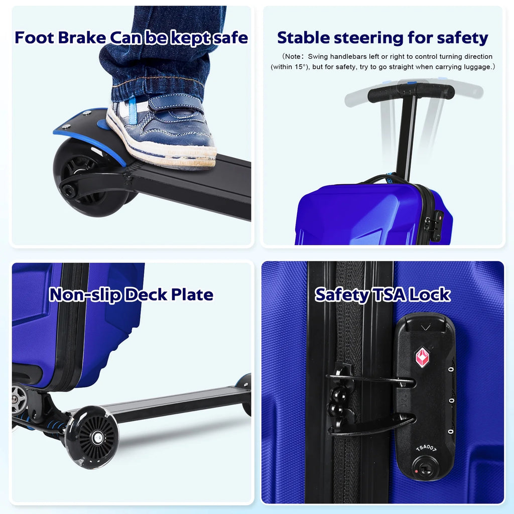Advwin Scooter Suitcase for Kids & Adults, 3-D Hardshell Ride On Scooter Luggage with LED Light Up Wheels, TSA Lock, Lightweight Foldable Carry On Rideable Suitcase for Children Teenagers, Silver