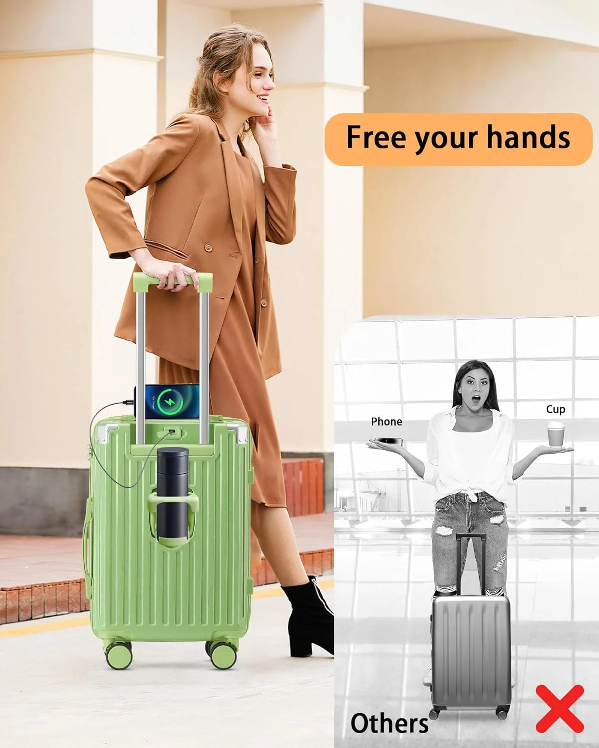 20 Inch Carry On Luggage With Cup Holder & USB Port, Airline Approved TSA-locked Luggage, Lightweight PC Material Travel Suitcase With 360�� Spinner Wheel