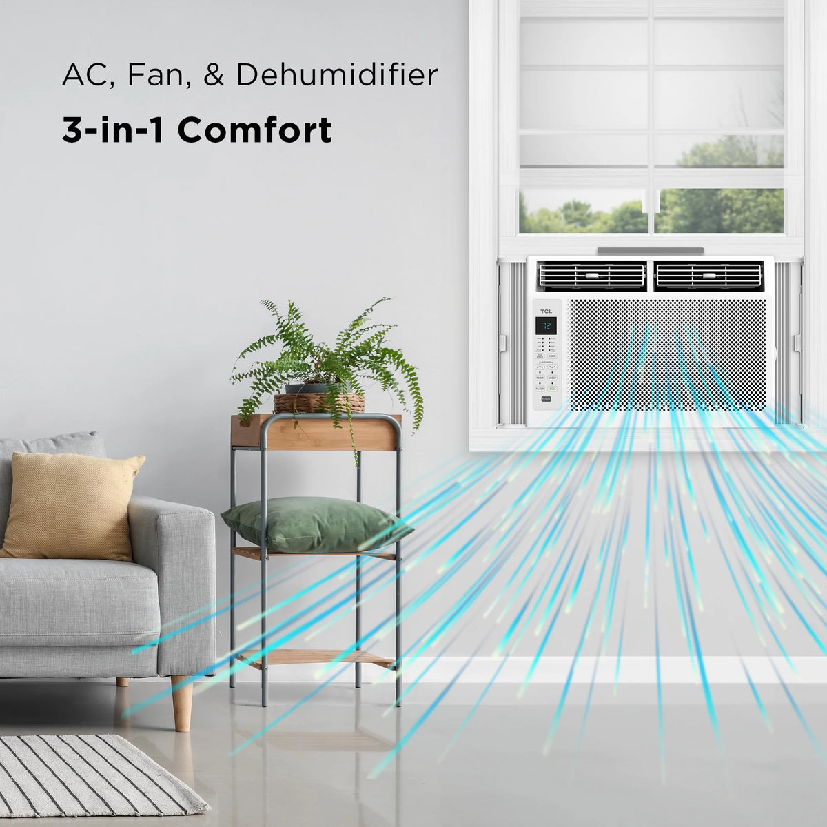 TCL 5,000 BTU Window Air Conditioner, Fan & Dehumidifier, 150 Sq. Ft., Remote Control, Easy-to-Use, Reusable Filter, Compact, Quiet, White, W5W3M