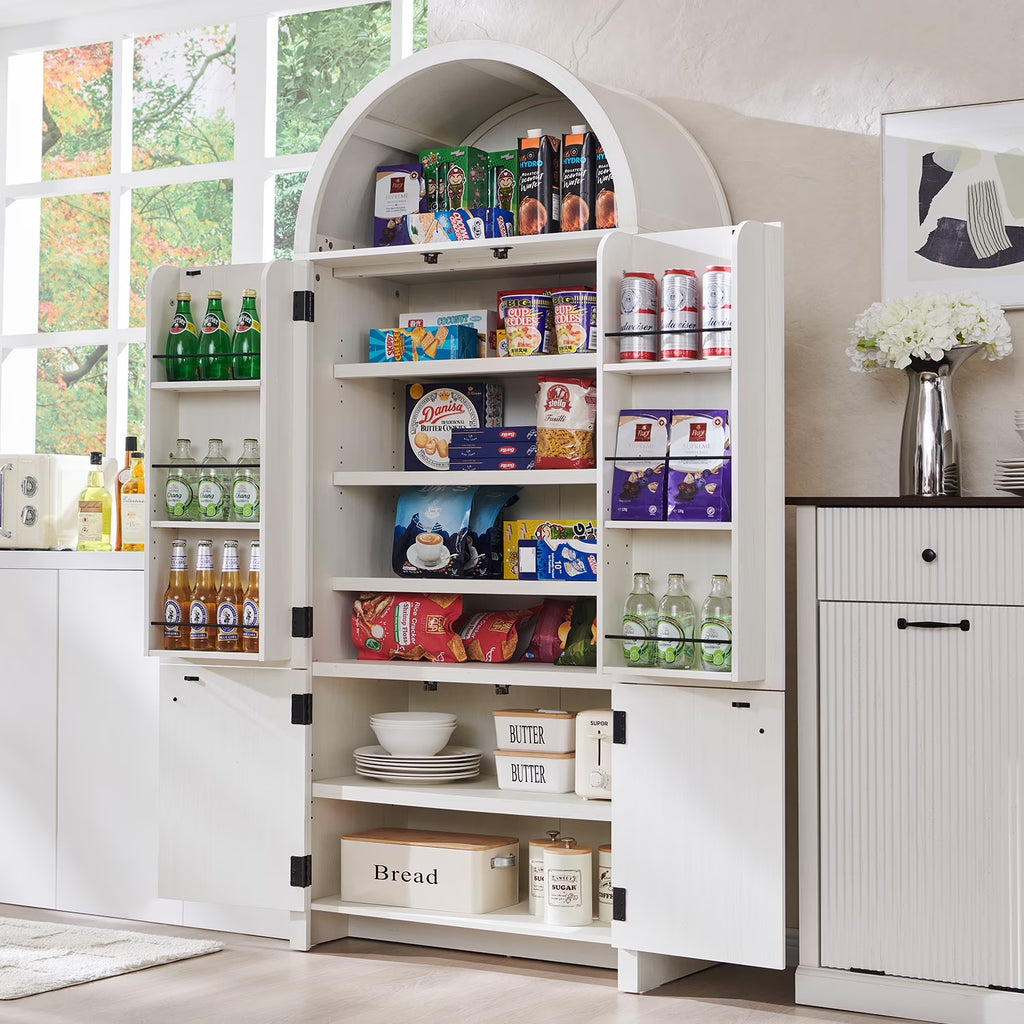 SinCiDo Arched Kitchen Pantry Storage Cabinet, 71-Inch Tall Wood Adjustable Shelves, 2 Doors, 2 Drawers