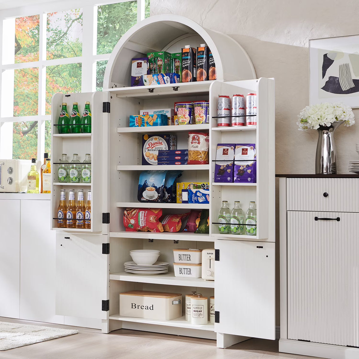 SinCiDo Arched Kitchen Pantry Storage Cabinet, 71-Inch Tall Wood Adjustable Shelves, 2 Doors, 2 Drawers