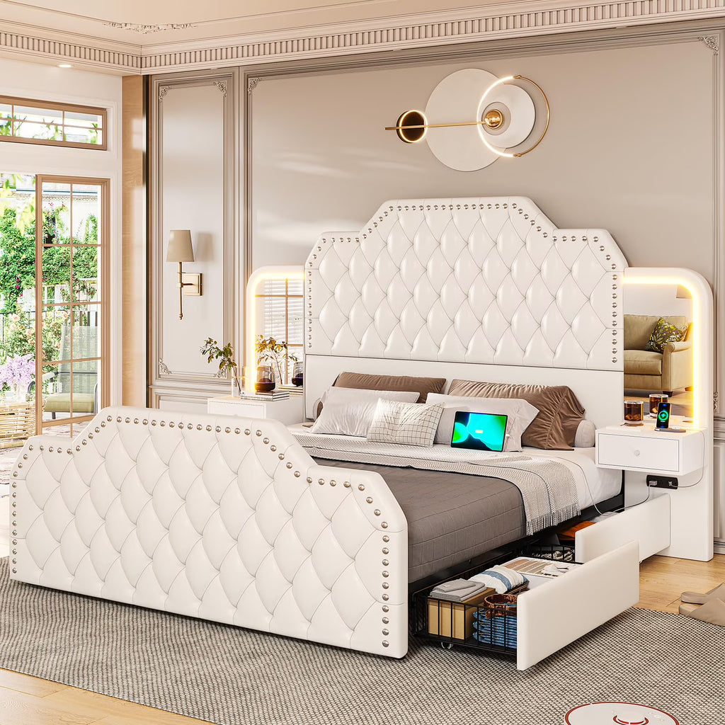 Queen Bed Frame with 2 Nighstands, Power Outlets and 4 Drawers, Upholstered Bed with Vanity Tables and Mirrors, Modern Velvet Tufted Platform Bed with Headboard & Footboard, Black