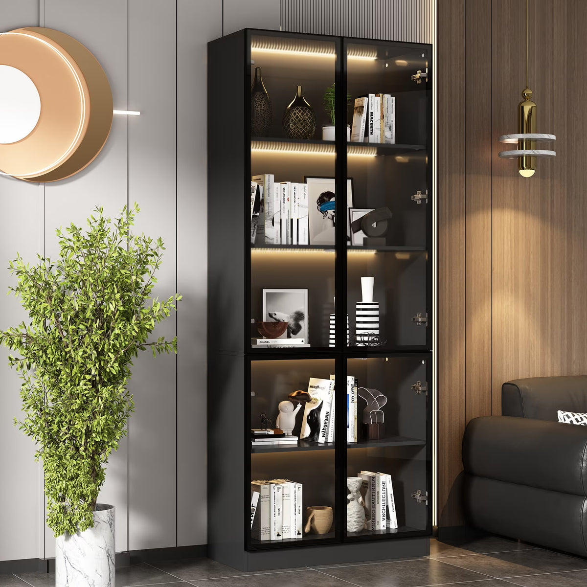 KULAGAGA Bookcases Organizer with LED Lights, Heavy Duty Display Cabinet with Glass Door for Living Room, 31.5" Wide
