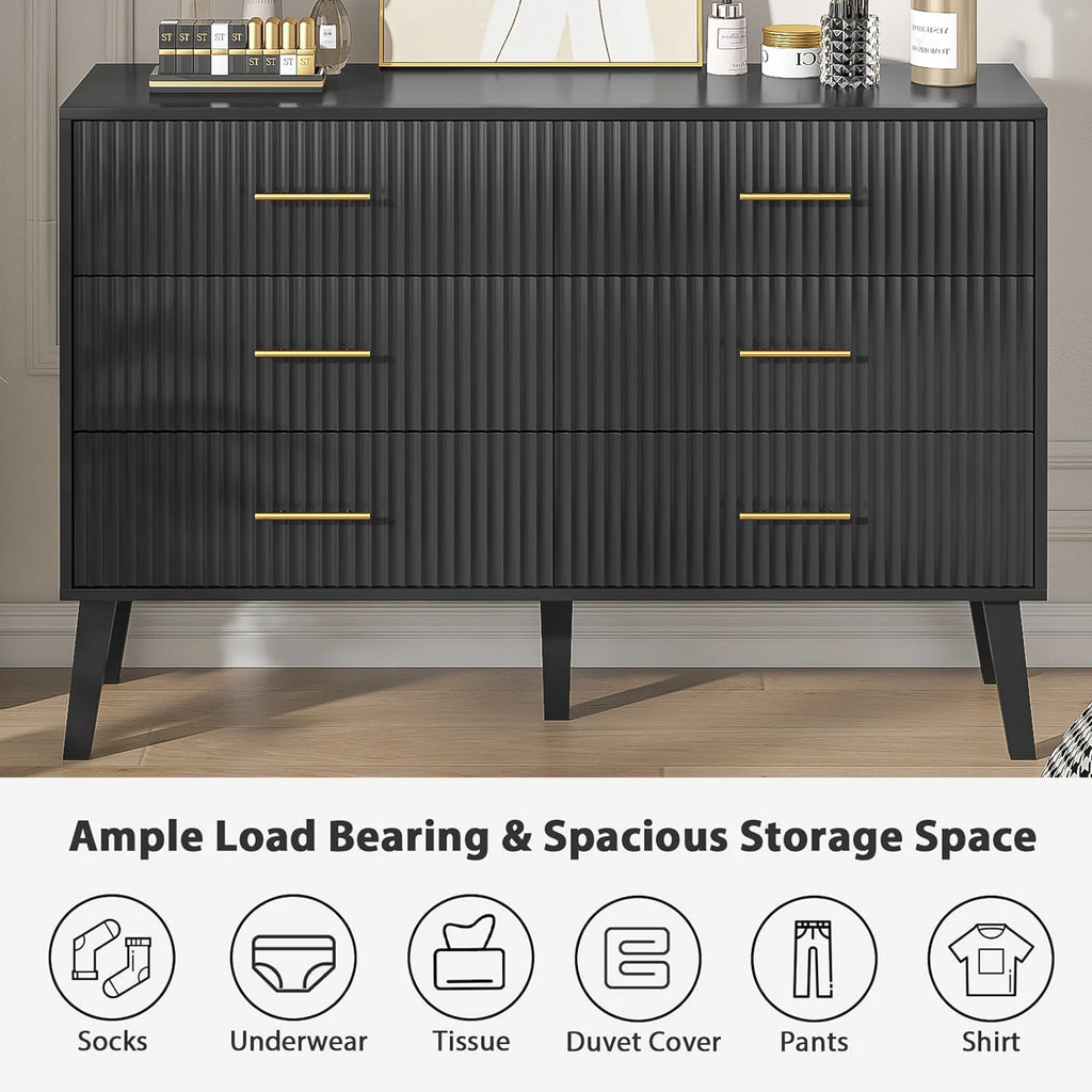 Fluted 6 Drawers Dresser, Wide Modern Chest of Drawers, 6 Drawer Double Dresser