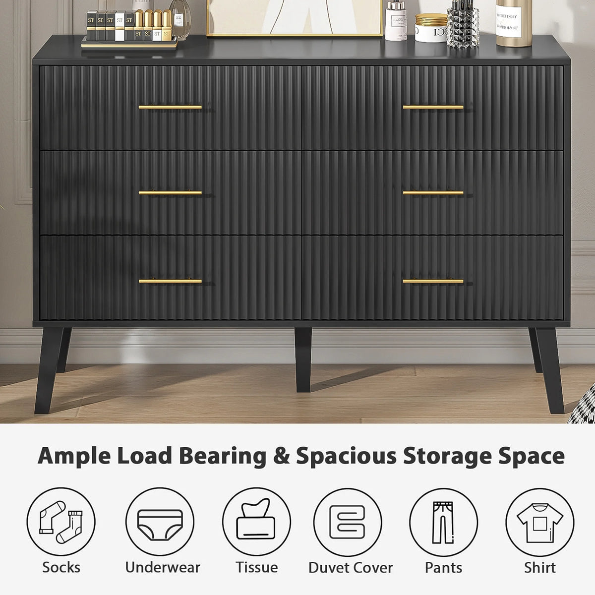 Fluted 6 Drawers Dresser, Wide Modern Chest of Drawers, 6 Drawer Double Dresser