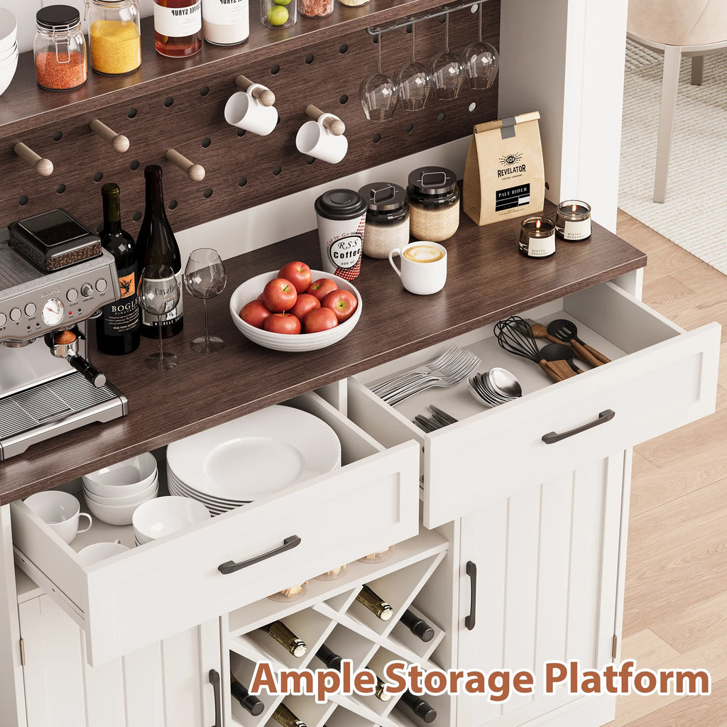 LAFGUR 72" Kitchen Storage Cabinet with Power Outlet & LED Light, Coffee Bar Cabinet with Drawers & Wine Glass Rack,Sideboard for Home,White