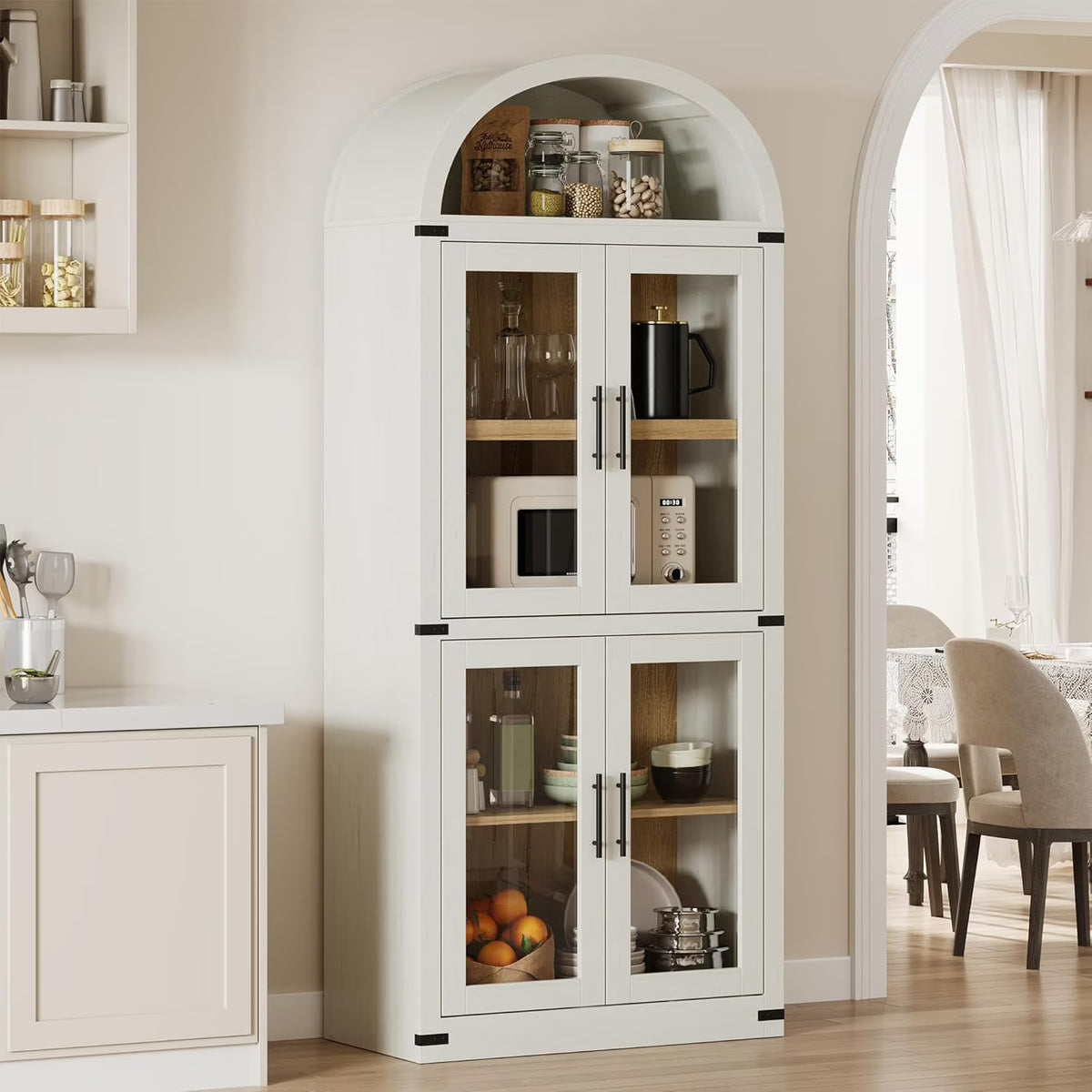 Arched Cabinet Tall Kitchen Pantry, Farmhouse Storage Cabinet Arch Hutch Cabinet, Large Bookshelf with Doors, Arched Bookcase with Cabinet, 5 Tier Kitchen Cabinet for Dining Room