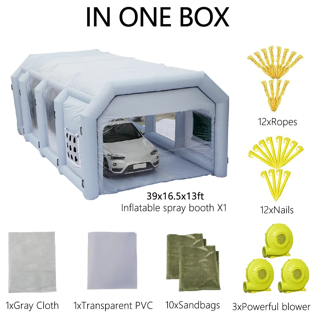 WGIA Inflatable Paint Booth 39X16.5X13FT with 3 Blowers Inflatable Spray Booth��Professional Car Workstation Portable Auto Paint Booth for Cars, Car Parts Painting