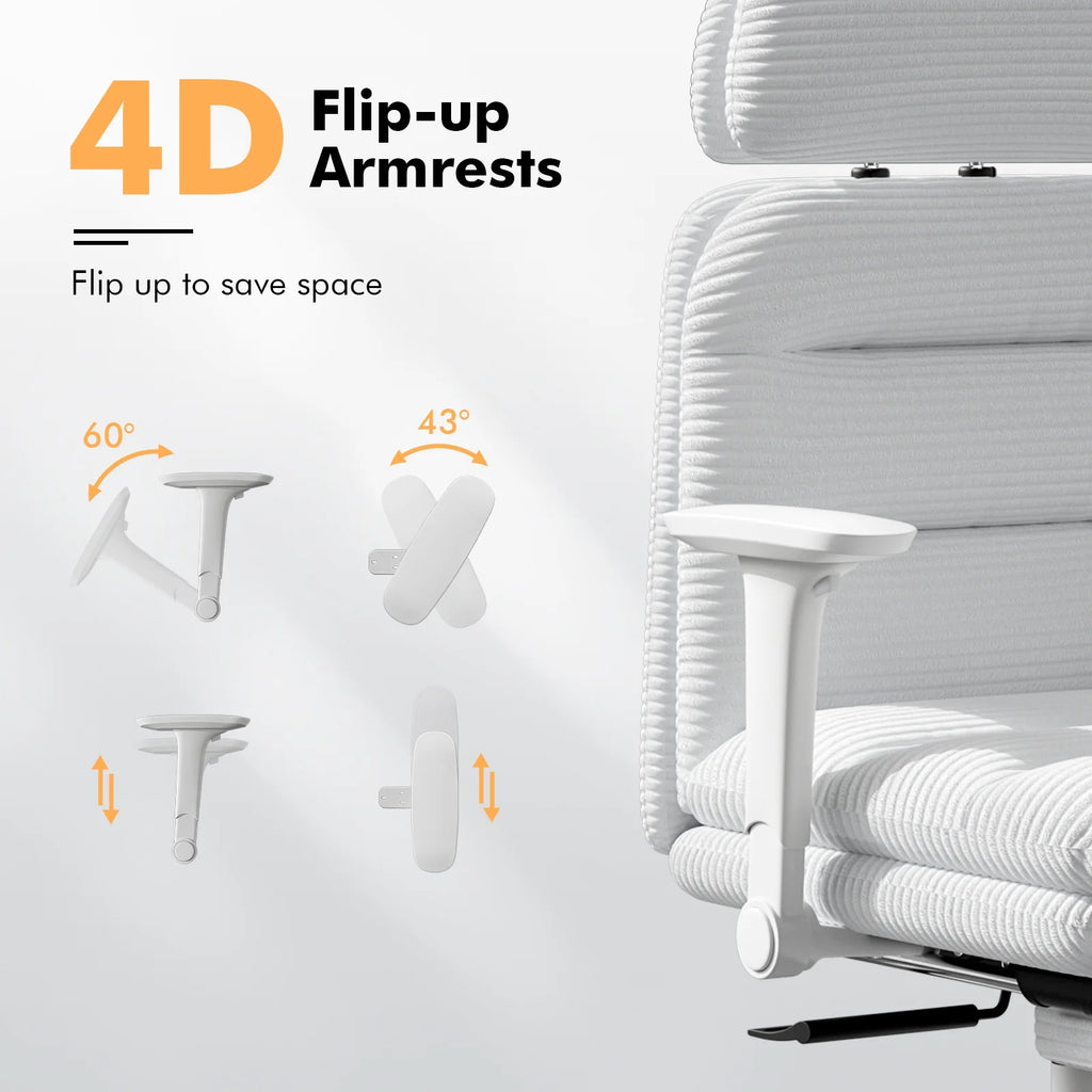 Solfway Criss Cross Chair with Wheels & Flip-up Arms, Executive Office Chair with Foot Rest, Swivel Cross Legged Office Chair, White Corduroy Fabric Comfy Computer Desk Chair, Vanity Chair for Home