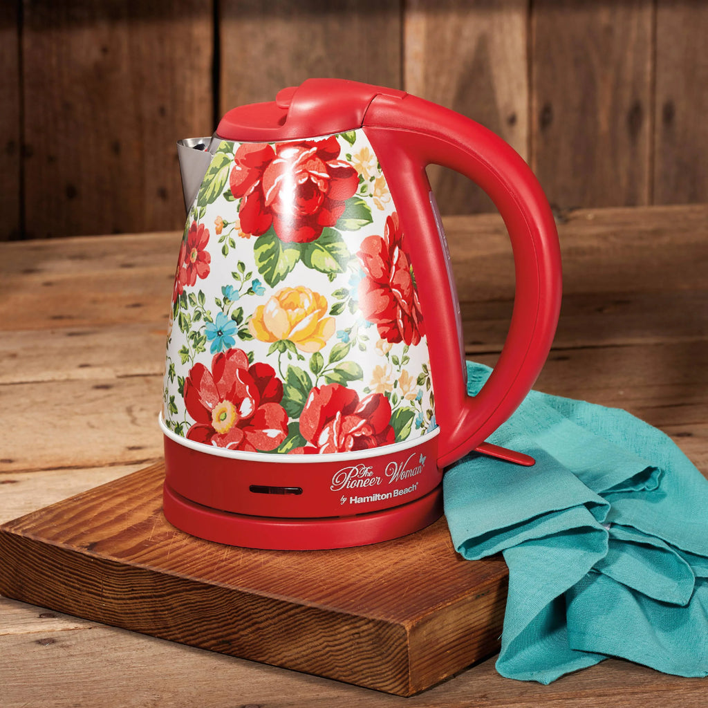 The Pioneer Woman 1.7 Liter Electric Kettle, Vintage Floral Red, 40970