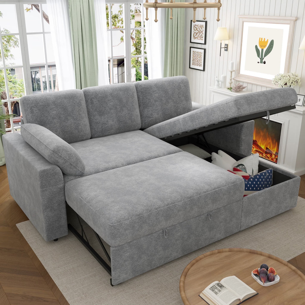 VANACC Sofa Bed, Adult Sleeper Sofa with Storage Chaise, Pull Out Couch for Bed Room, Gray Chenille