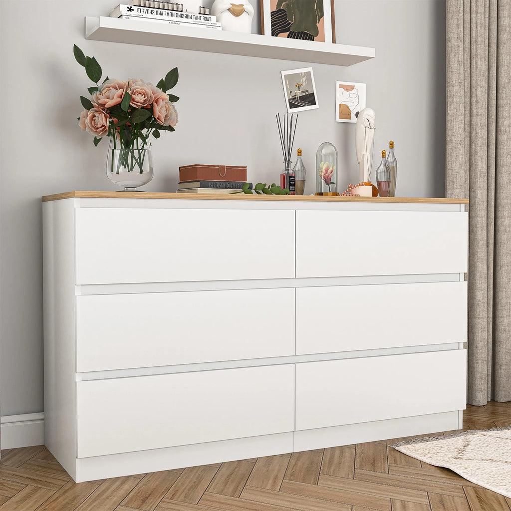 Resenkos Modern Mid Century 6 Drawer Wide Dressers Chests for Bedroom, Chest of Drawer Organizer Grey