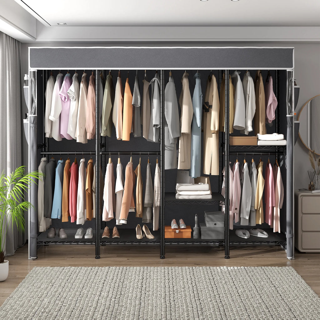EnHomee 76"W Clothes Rack with Cover,1100LBS Heavy Duty Wardrobe Closet Organizer,Adjustable Portable Closet��Black