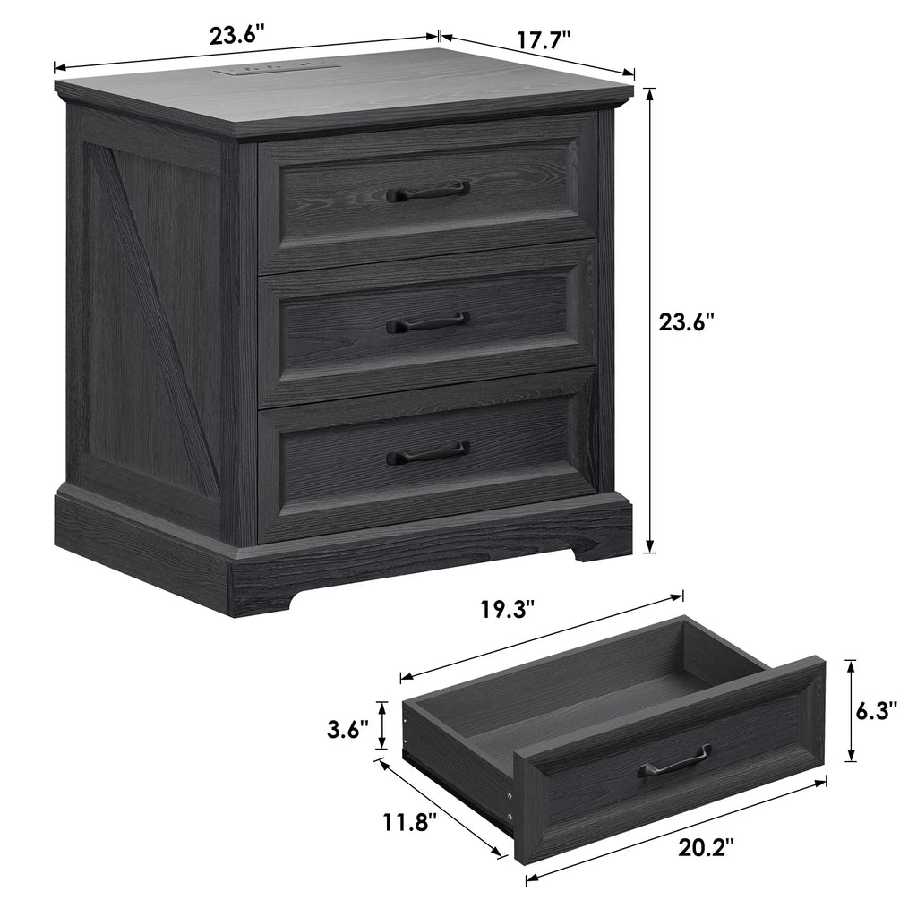 Hommpa Farmhouse 3 Drawers Nightstand with Charging Station, Rustic Wood Night Stand with Drawers for Bedroom, Vintage Bedside Table Small Dresser Chest of Drawers for Living Room, White