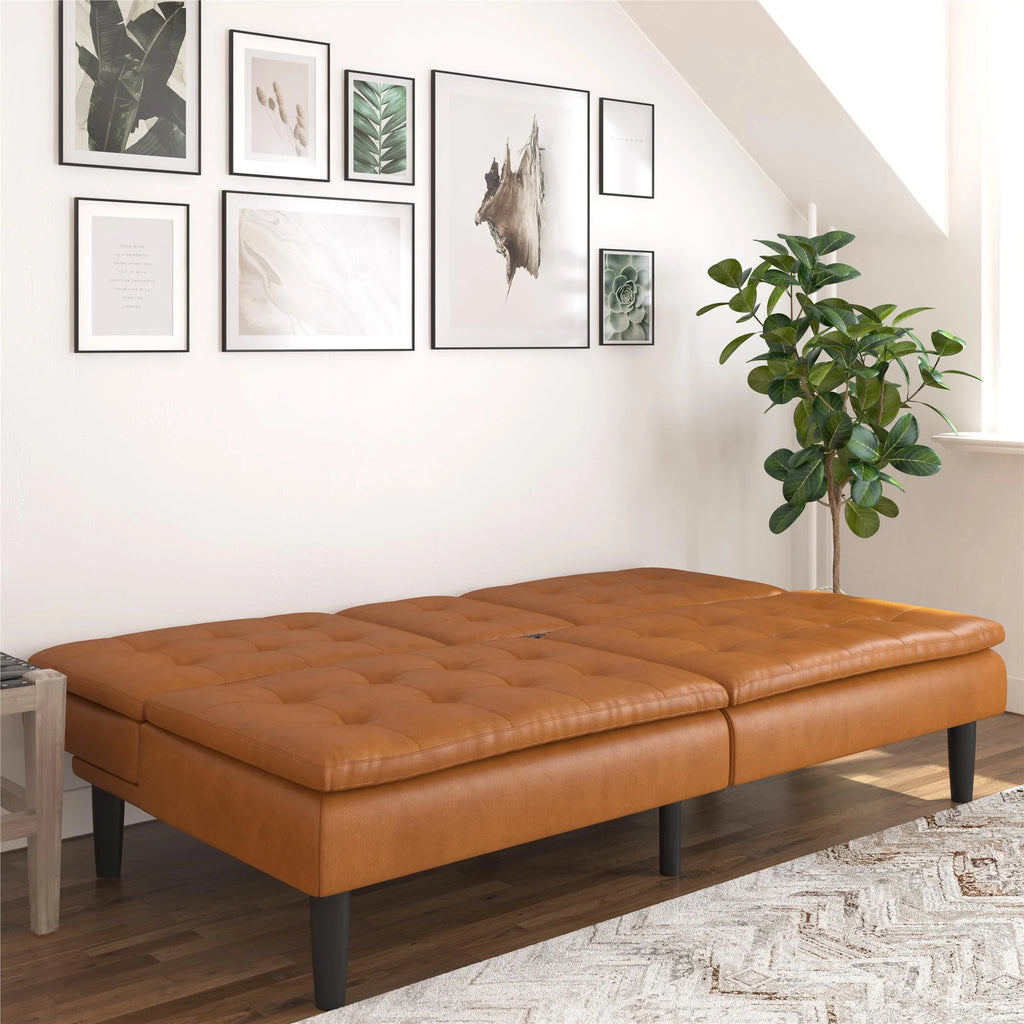 Mainstays Memory Foam 71.5" Futon with Cupholder and USB, Black Faux Leather