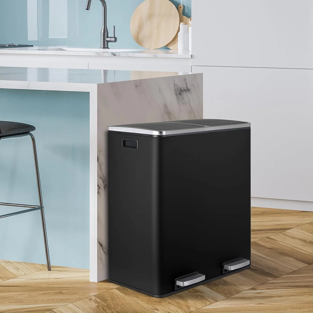 LAZY BUDDY Dual Garbage Can, Stainless Steel 16 Gallon Step Kitchen Trash Can with Soft-Close Lid, Double Compartment Garbage Recycling Bin