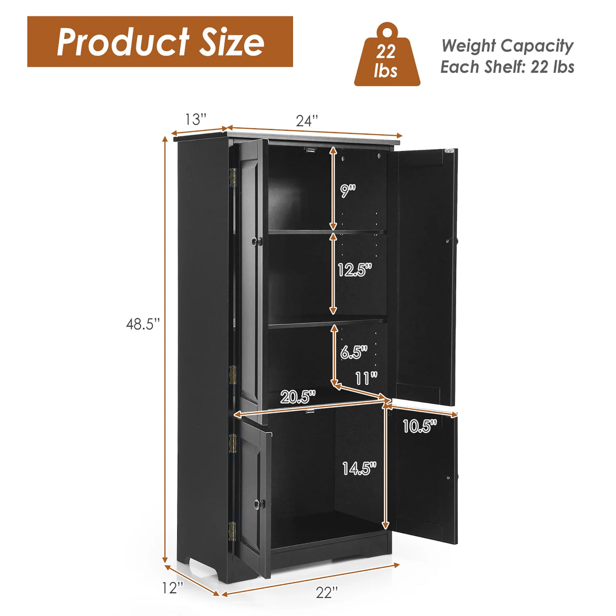 Costway Accent Floor Storage Cabinet W/ Adjustable Shelves Antique 2-Door Cream White