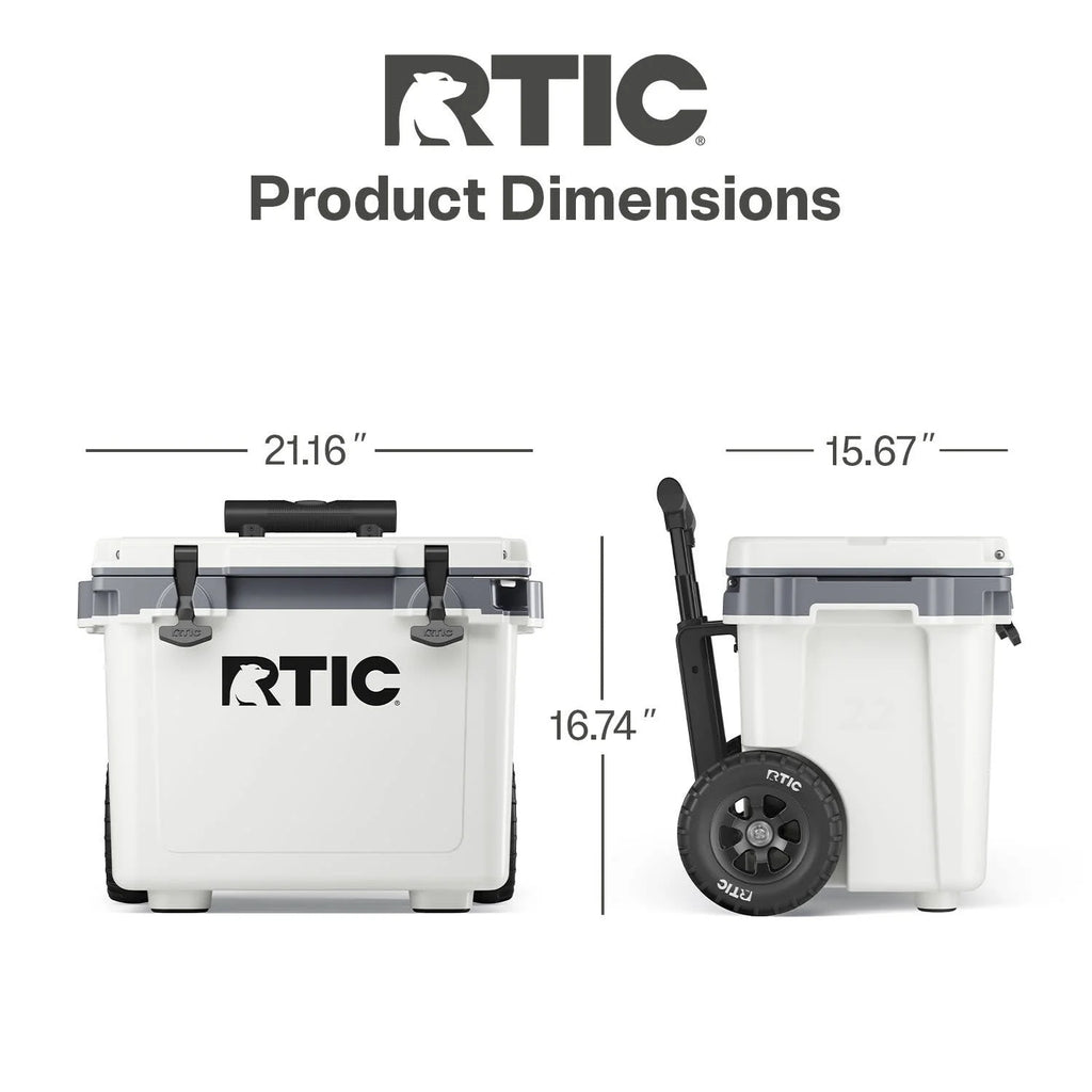 RTIC 22 QT Ultra-Light Wheeled Hard-Sided Ice Chest Cooler, Fits 28 Cans, 6 Wine Bottles, White & Grey