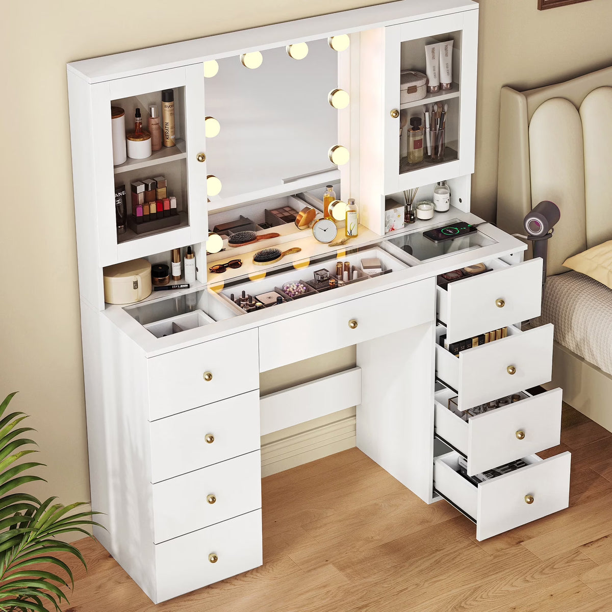 Linsy Home Large 47.2" Makeup Vanity With Mirror And 11 Lights, Glass Top Vanity Desk with 9 Drawers & 2 Adjustable Cabinets, Dressing Table with Charging Station & Hair Dryer Rack For Bedroom, White