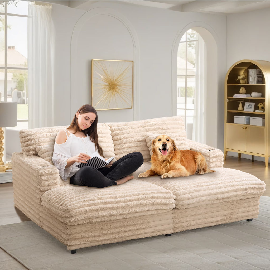 Oversized Double Chaise Lounge, Faux Fur Upholstered Deep Seat Sofa with 2 Pillows, 2 Cupholders, and Dual USB Ports