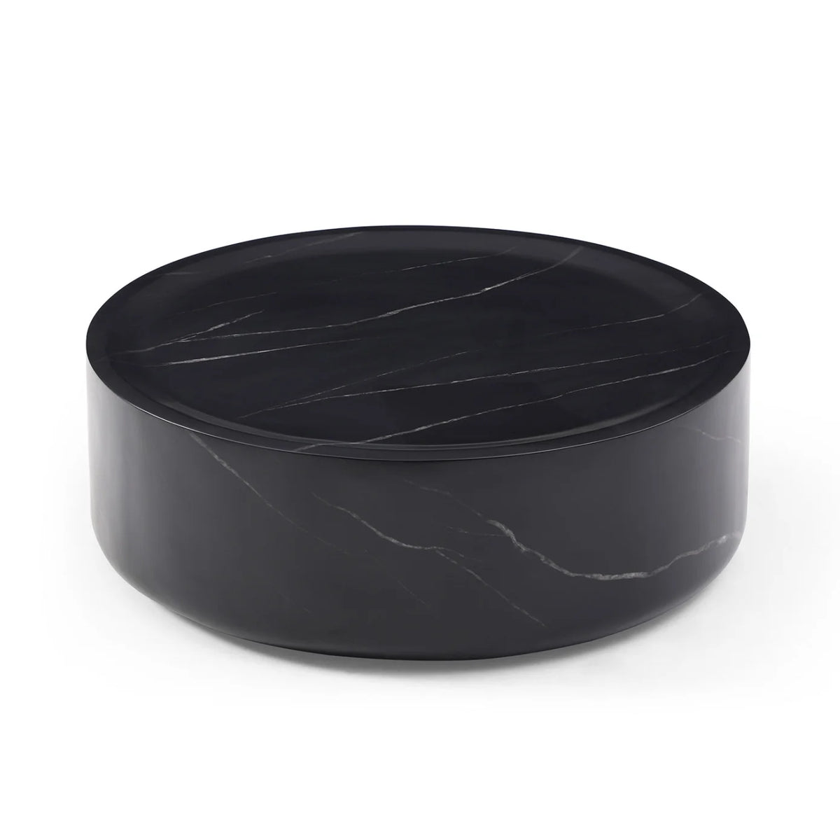 31.49'' Round Coffee Table with Marble Texture, Modern Low Drum Circle Fiberglass Coffee Table, Side Table Accent Table for Living Room, Outdoor, No Need Assembly, Marble