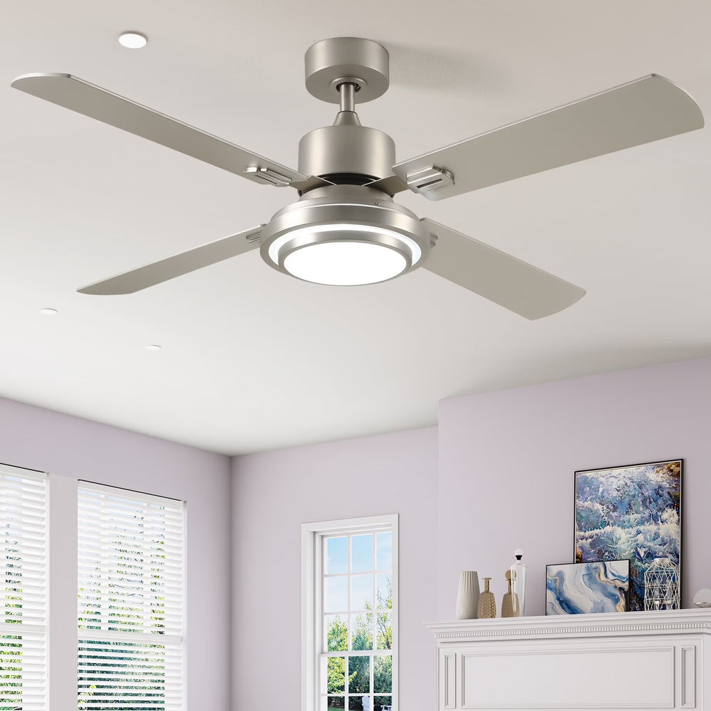 Dextrus 52'' Ceiling Fan with Light and Remote Control, 6 Speeds, 5 Timer Settings, and Dual-Finish Blades (Nickel)