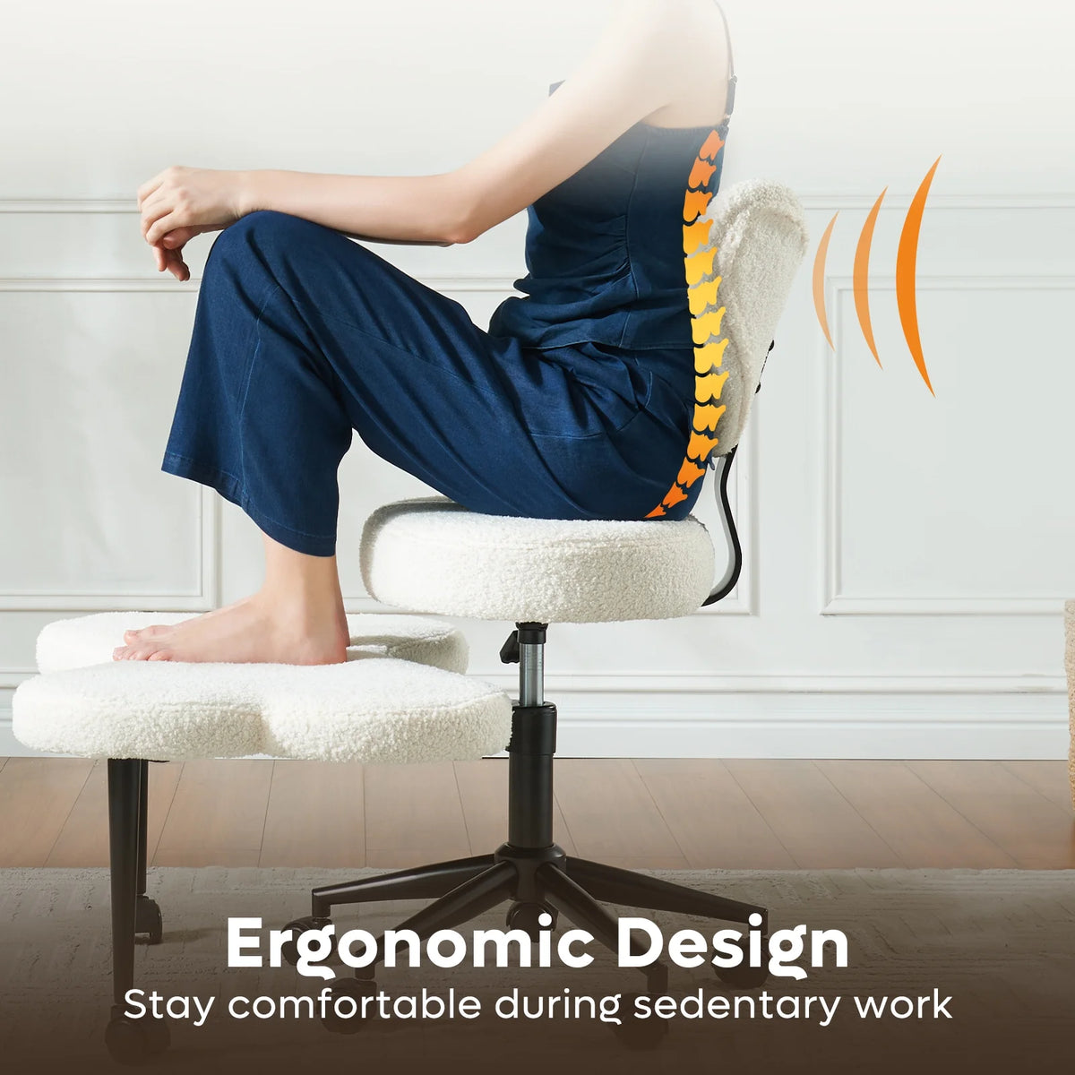 Pinmoco Ergonomic Cross Legged Swivel Chair, Adjustable Height and Teddy Fabric, Meditation& ADHD Chair with Back Support, Home and Office, Off White