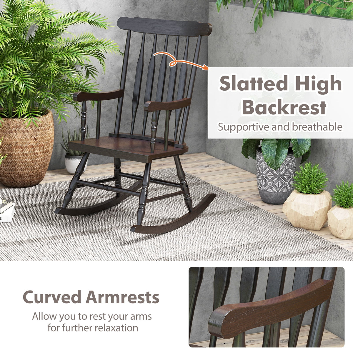 Costway Solid Wood Rocking Chair Porch Rocker Indoor Outdoor Seat Glossy Finish White