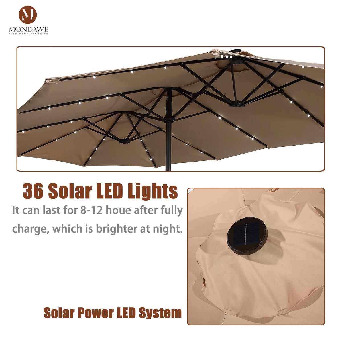Mondawe 15ft Patio Umbrella Rectangular Outdoor Market Umbrella with Base and LED Lights Beige