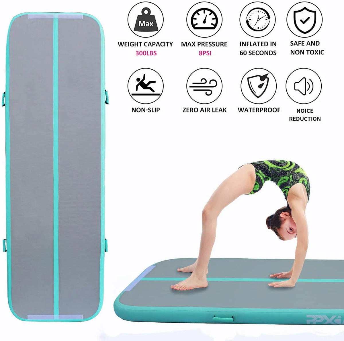 Gymnastics Mat Set 10FT Inflatable Tumbling Mat, 39*24 inch Air Roller Gymnastics Barrel and 3 Air Block with 800W Air Pump for Training Cheerleading Home Use Yoga and Water Use