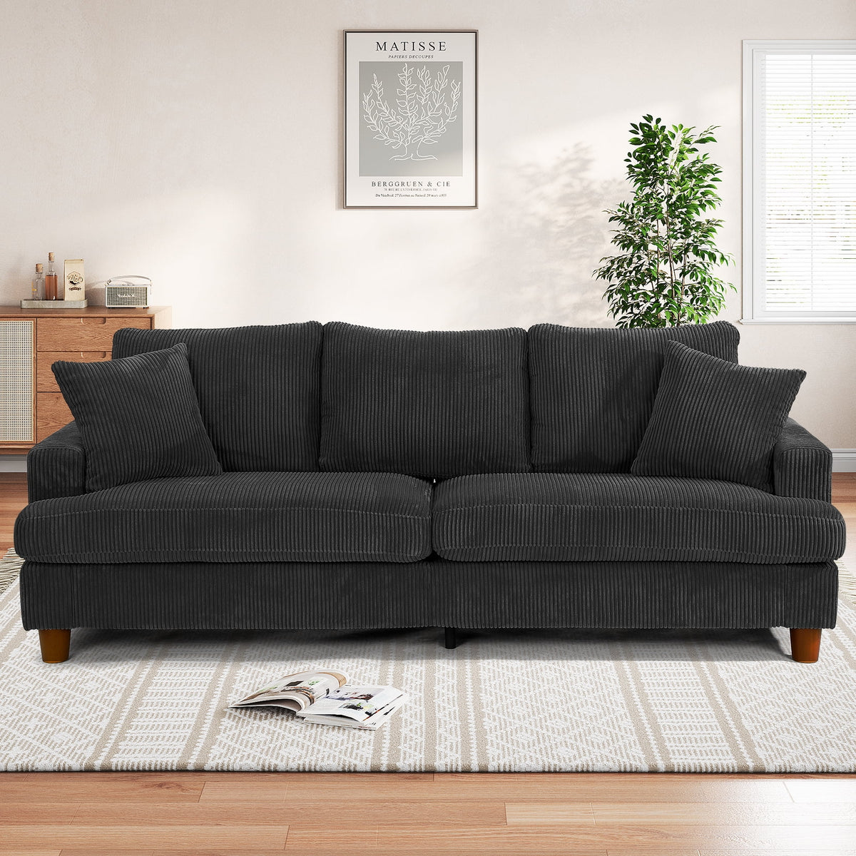 87" Corduroy Sofa,3 Seater Sofa with Extra Deep Seats,Neche Comfy Upholstered Couch for Living Room,2 Pillows,Green