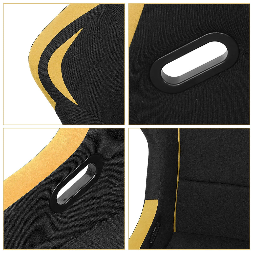 J2 Engineering Pair Universal Bucket Racing Seats Black Yellow Fiberglass Ergonomic Design with Side Mount Brackets
