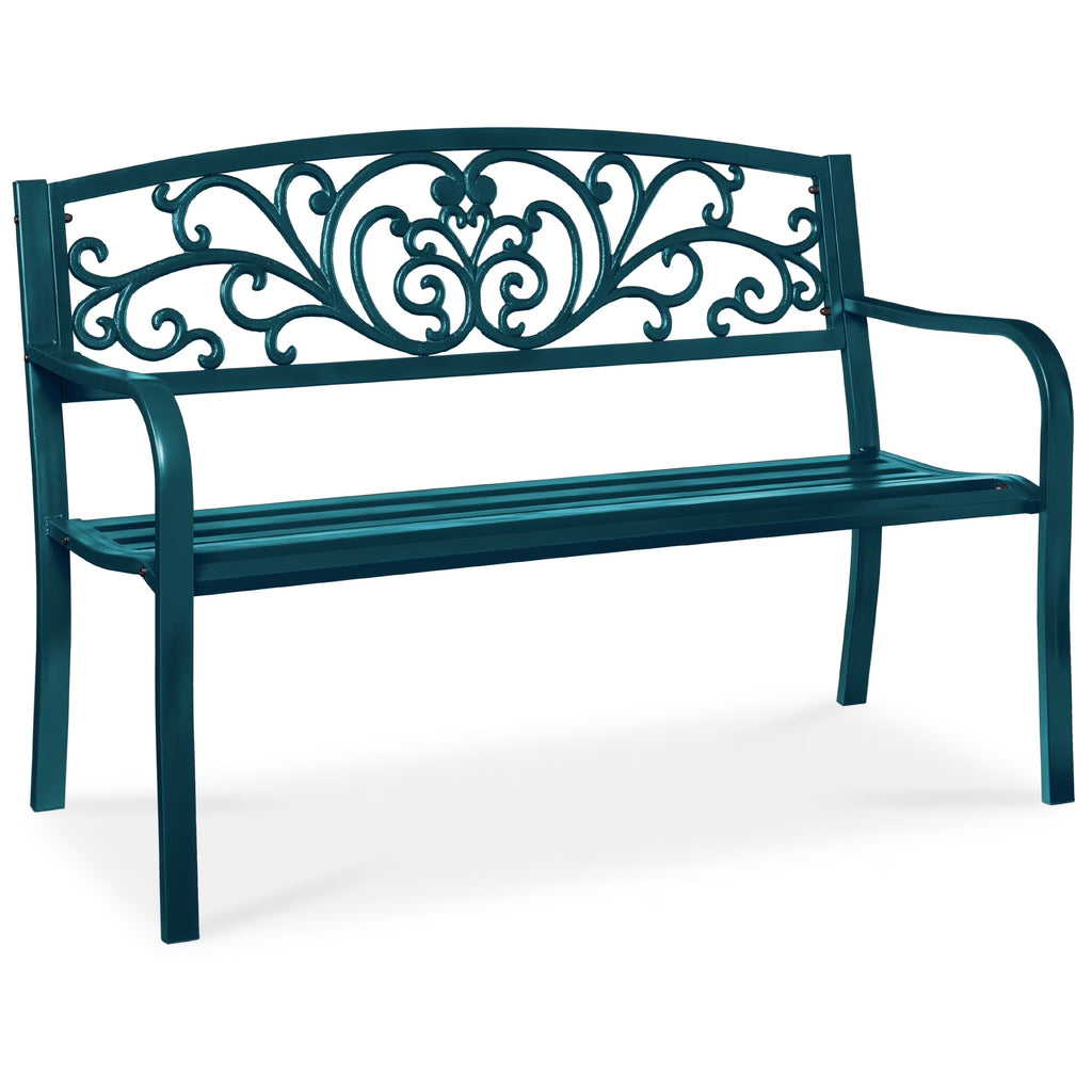 Best Choice Products Outdoor Steel Bench Garden Patio Porch Furniture w/ Floral Design Backrest - Black