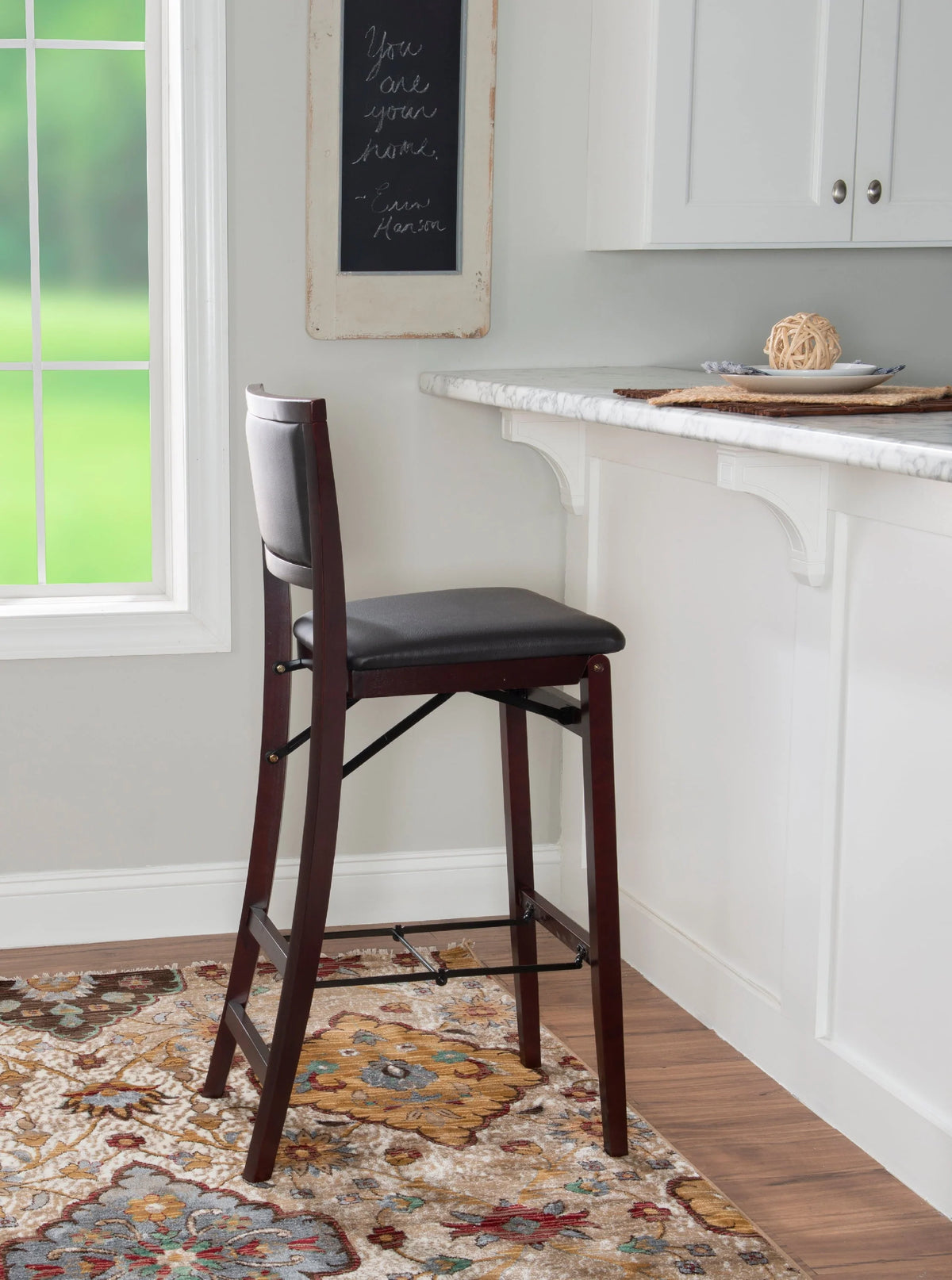 Linon Kristle Folding Padded Bar Stool, 30" Seat Height, Espresso Finish with Dark Brown PVC Fabric